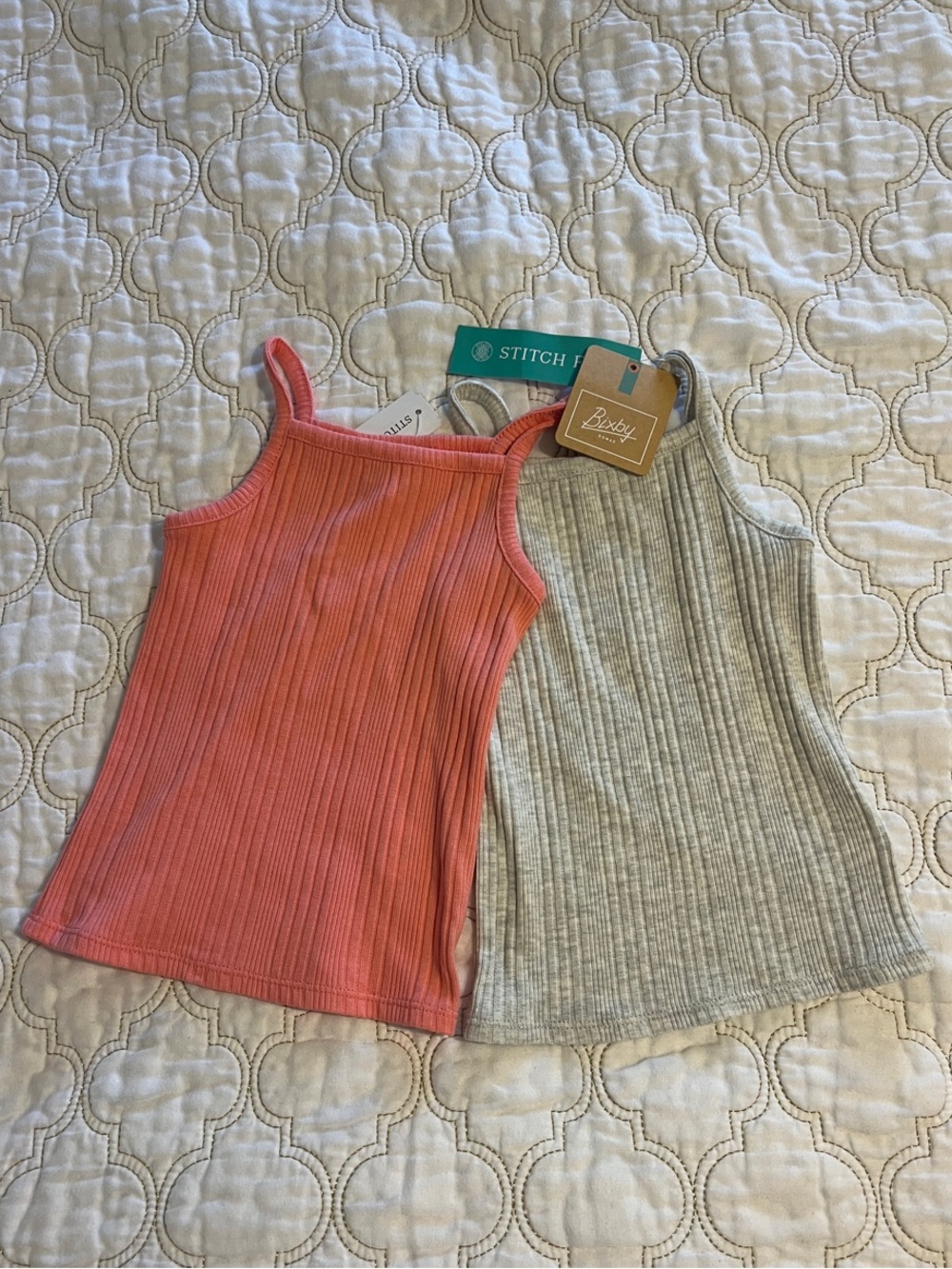 Girls' Ribbed Square-Neck Tank Tops- Coral & Gray